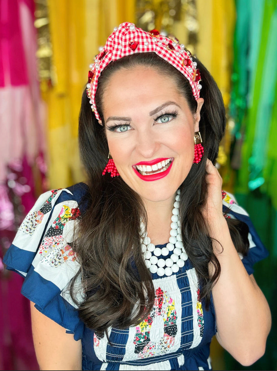red and white gingham headband with red crystals and pearls