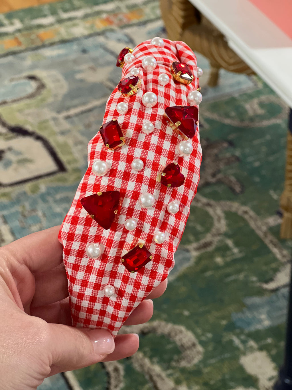red and white gingham headband with red crystals and pearls